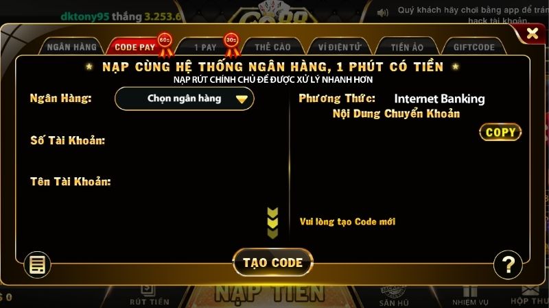 Nạp tiền để tham gia cá độ
